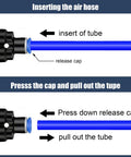 Diagram of Pro Grade 175 Piece Push To Connect Air Hose Fittings Kit showing tube insertion and release mechanism.