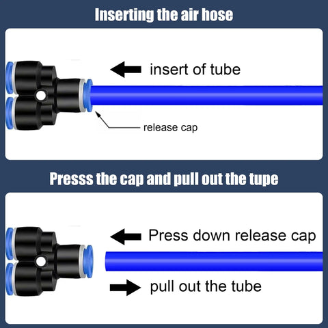Diagram of Pro Grade 175 Piece Push To Connect Air Hose Fittings Kit showing tube insertion and release mechanism.
