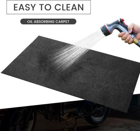 60 By 36 Inch Oil Spill Mat For Garages And Driveways, Heavy Duty Absorbent Floor Pad, being hosed down to clean, easy to wash.