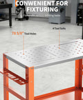 Robust Mobile Welding Workbench Featuring Perforated Steel Top And Easy Rollin Casters with tool holes and slots for fixtures.
