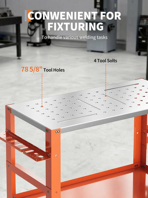Robust Mobile Welding Workbench Featuring Perforated Steel Top And Easy Rollin Casters with tool holes and slots for fixtures.