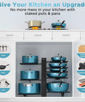 Heavy Duty Adjustable Pots And Pans Organizer Under Cabinet With Anti Slip Rubber Dividers Tight Fit Home Kitchen Storage Rack shows stacked pots and pans.