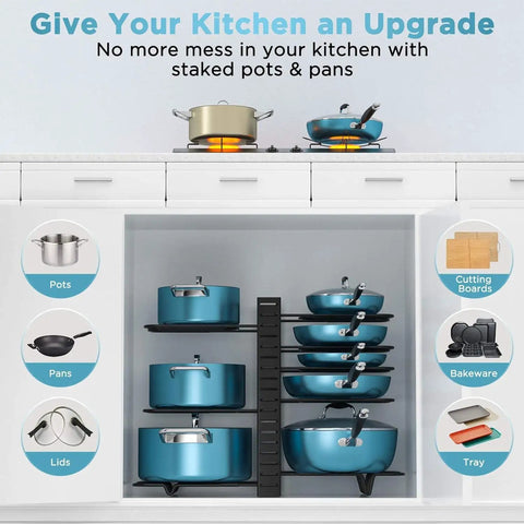 Heavy Duty Adjustable Pots And Pans Organizer Under Cabinet With Anti Slip Rubber Dividers Tight Fit Home Kitchen Storage Rack shows stacked pots and pans.