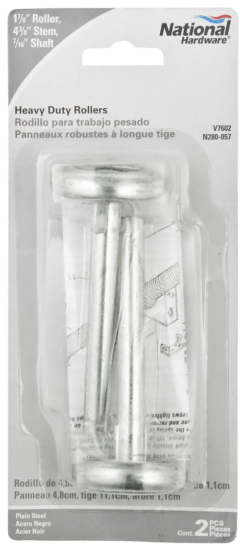 Heavy Duty Plain Steel Rollers Two Pack With One Seven Eighths Inch Roller Diameter Four Three Eighths Inch Stem Seven Sixteenth Inch Shaft Factory Lubricated Ball Bearing Rollers With Case Hardened Raceway Built To Last in retail packaging.