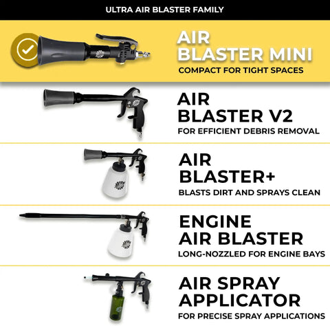 Ultra Air Blaster Mini Car Detailing Tool family range, showing various models including trigger air gun for interior cleaning