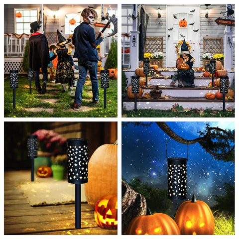 Six Pack Solar Powered Outdoor Pathway Lights Waterproof Black Lanterns illuminating garden with Halloween decor and pumpkins