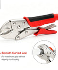 Locking Pliers Set Four-Piece With Heavy Duty Anti-Pinch Non-Slip Grip showing smooth curved jaw and red handle grip detail.