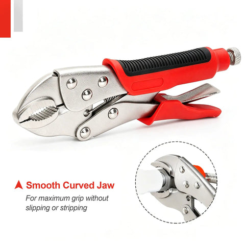Locking Pliers Set Four-Piece With Heavy Duty Anti-Pinch Non-Slip Grip showing smooth curved jaw and red handle grip detail.