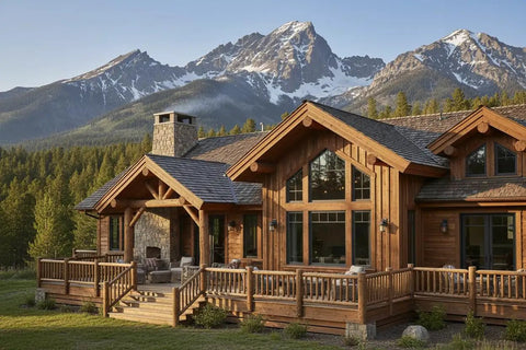 Legit Reactive Water Based Wood Stain With A Slick Reclaimed Vibe Weathered Tan Tones Hit Different On Any Surface Voc Free Solid Formula For Interior Or Exterior Jobs In 55 Gallon Drum on modern log cabin overlooking mountains.