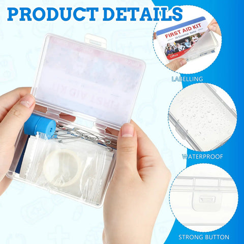 Person holding 12 Pack Mini First Aid Kits Bulk Set With 26 Pieces Each in sturdy portable case