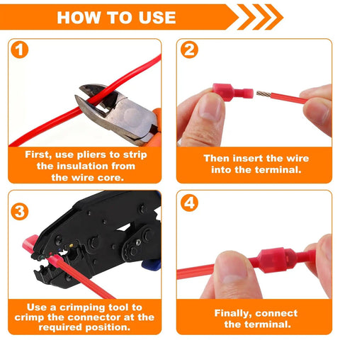 Steps for using 112 Piece Nylon Spade Connector Kit With Quick Disconnects for electrical projects.