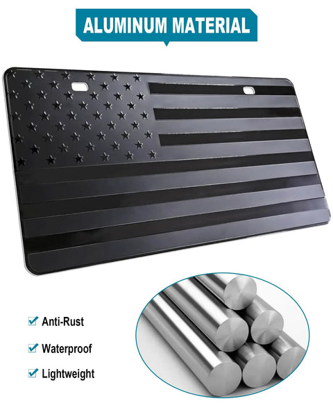 USA Flag Front Bumper License Plate With Black Aluminum Tag Frame Cover, 3D Embossed Stars And Stripes, Waterproof Rustproof Metal