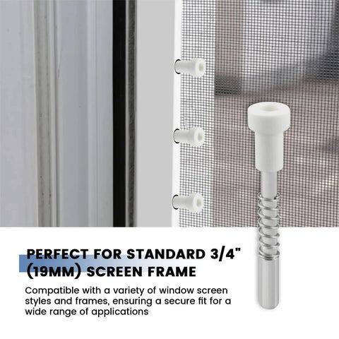 12 Pack Window Screen Plunger Latch Set With Aluminum Pins Springs And White Caps showing installed latch on standard 3/4" frame.