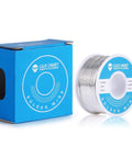 Leaded Solder Wire 0.6mm Sn63Pb37 With Flux Rosin Core For Electronics Soldering 100g Roll beside a blue box