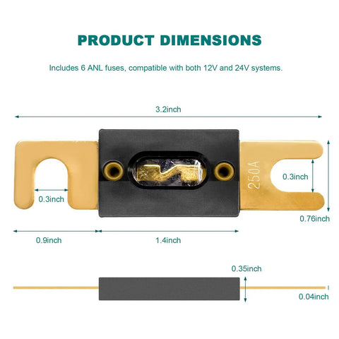 Top Shelf Anl Fuse 6 Pack 250 Amp Gold Plated Circuit Protection For Cars Boats Trucks And Motorcycles 12V 24V dimensions 3.2x0.9 inches