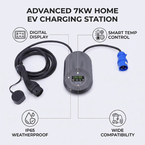 No Sweat Plug And Play Level 2 EV Charger 7kW 32A Wall Mount with digital screen and IP65 weatherproof design.