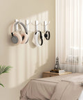 Heavy Duty Adhesive Wall Coat Hooks Four Pack With Double Hooks Stick On Door Hanger Metal Hooks For Towels Bags Robes Jackets And More In Bathroom Dorm Closet Kitchen White, holding headphones and bags on a bedroom wall