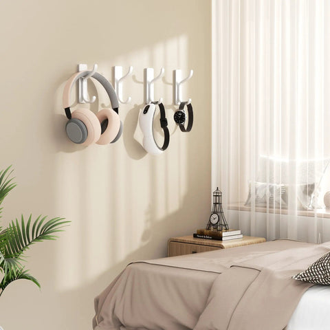 Heavy Duty Adhesive Wall Coat Hooks Four Pack With Double Hooks Stick On Door Hanger Metal Hooks For Towels Bags Robes Jackets And More In Bathroom Dorm Closet Kitchen White, holding headphones and bags on a bedroom wall