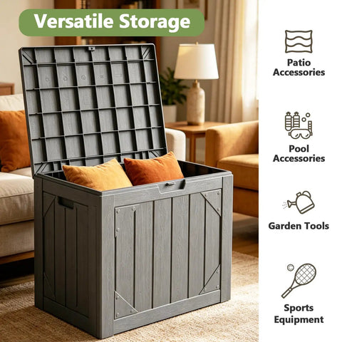 Massive 260 Gallon Outdoor Storage Box Bench Waterproof Resin Deck Box Lockable Patio Storage showing open lid with cushions inside