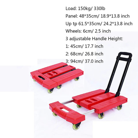Foldable Hand Truck Dolly With 6 Wheels For Home Office And Travel Ultra Lightweight Portable Trolley Cart 330 Lbs Capacity Stretchable Handle Red Platform Cart For Easy Gear Transport, red plastic, 48x35cm panel