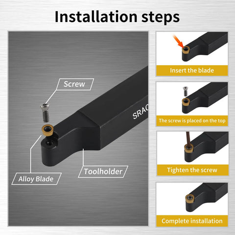 Indexable lathe turning tool installation diagram showing the alloy blade, toolholder, screw, and carbide insert.