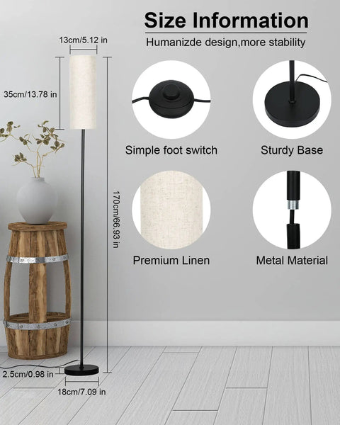 Tall RGB Smart Floor Lamp with Premium Linen Shade, 67 inches tall, showing foot switch, sturdy base, and metal material details.