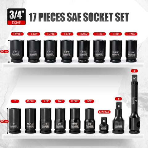 3/4 inch drive 17-piece SAE socket set in black with size labels, including extensions, displayed on a white background.