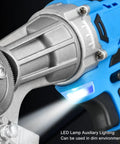 Close-up of Heavy Duty 16.8V Cordless Electric Sheet Metal Cutter with LED lamp for use in dim environments.