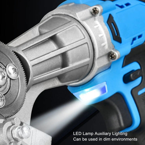 Close-up of Heavy Duty 16.8V Cordless Electric Sheet Metal Cutter with LED lamp for use in dim environments.