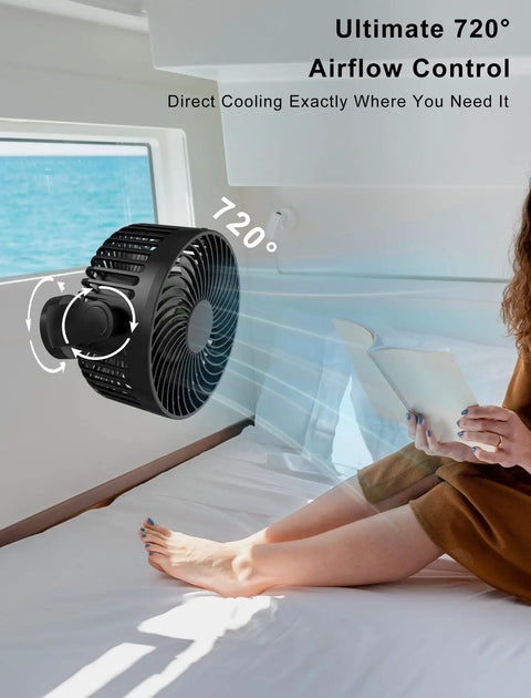 Portable Magnetic Cruise Fan With 12000mAh Battery Three Speed Settings Led Lantern And Digital Timer in use, providing cooling airflow in a cabin.