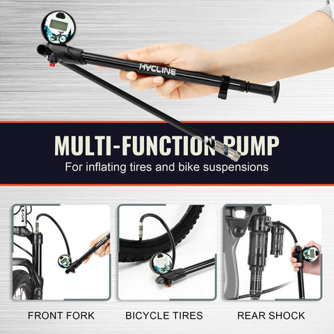 Multi-function digital shock pump for mountain bikes with 300 psi high pressure, fits Schrader and Presta valves, shown inflating tire.