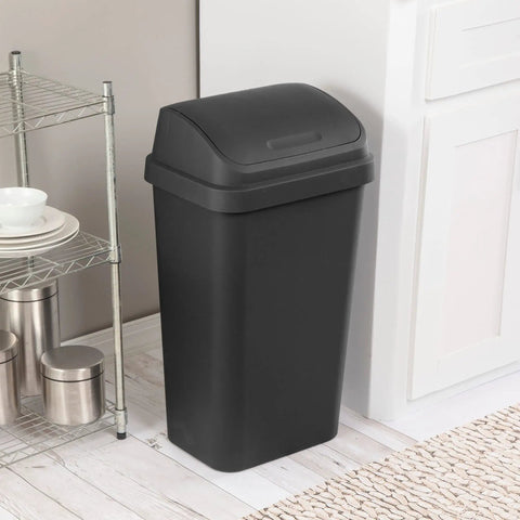 13 Gallon Swing Top Trash Can Black Durable Plastic Wastebasket With Easy Swing Lid For Home Or Office Sturdy Waste Receptacle