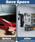 Wall Mount Jack Stand Holder For Floor Jacks And Stands Stainless Steel Tool Organizer Rack installed in garage showing storage space