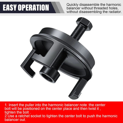 Heavy Duty Harmonic Balancer Puller Kit For Crank Pulley Removal With A Zero Hassle Clip Grip view from above, showing carbon steel construction.