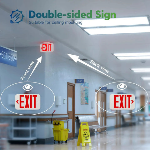 Six Pack Red Double Sided LED Exit Signs With Battery Backup For Businesses in a hallway with front and back view
