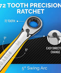 Image of 72-tooth precision ratchet with highlighted swing arc, design details. Ratcheting Wrench Set 22-Piece Metric And SAE Reversible Wrenches With Mirror Finish Unbreakable Build 90-Tooth Mechanism For Fast Easy Repairs Lifetime Satisfaction Guarantee.