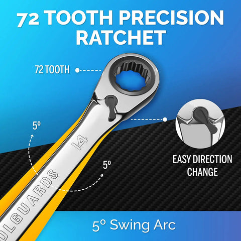 Image of 72-tooth precision ratchet with highlighted swing arc, design details. Ratcheting Wrench Set 22-Piece Metric And SAE Reversible Wrenches With Mirror Finish Unbreakable Build 90-Tooth Mechanism For Fast Easy Repairs Lifetime Satisfaction Guarantee.