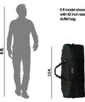 Heavy Duty 110L 30 Inch Duffel Bag For Cargo Gear Made From Water Resistant Polyester next to 6 ft model, black travel tote