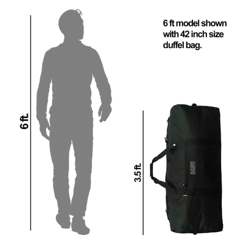 Heavy Duty 110L 30 Inch Duffel Bag For Cargo Gear Made From Water Resistant Polyester next to 6 ft model, black travel tote