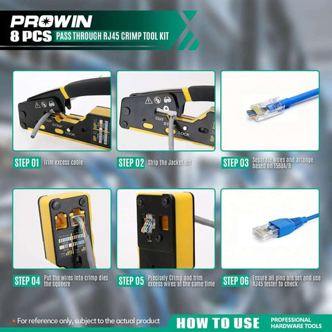 All In One Pass Through RJ45 Crimper Kit With Cable Tester And Stripper For Cat5 To Cat6a, RJ11 RJ12 Connectors tool usage guide