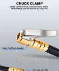 Brass tire chuck clamp of 12 Inch Tire Inflator Extension Hose With Clip On Air Chuck Adapter For Quick Inflation On Cars Motorcycles And Bicycles High Pressure Quick Connect For Easy Access To Hard To Reach Valves And Maintenance