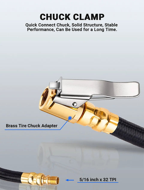 Brass tire chuck clamp of 12 Inch Tire Inflator Extension Hose With Clip On Air Chuck Adapter For Quick Inflation On Cars Motorcycles And Bicycles High Pressure Quick Connect For Easy Access To Hard To Reach Valves And Maintenance
