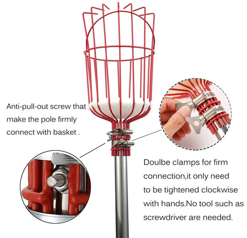 Close-up of 8 Foot Fruit Picker With Basket And Adjustable Stainless Steel Handle Lightweight Tree Fruit Grabber assembly details.