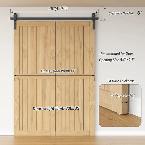 Bi-Fold Sliding Barn Door Hardware Kit 48 Inch For Two 22 Inch Doors Heavy Duty Track System Black Finish installation diagram.