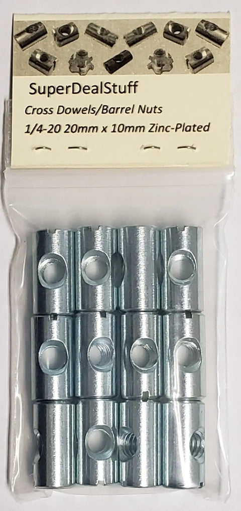 12 Pack Cross Dowels And Barrel Nuts 1/4-20 Thread 20mm Length 10mm Diameter Zinc Plated CNC Steel in packaging