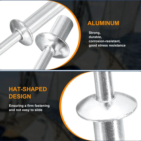 Close-up of 100 Pcs Aluminum Closed End Dome Head Blind Rivets 3/16 Inch And 3/8 Inch Size With Grip Range 0.11 To 0.20 Inches
