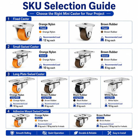 SKU selection guide for 0.5 Inch Mini Caster Wheels with fixed plate, swivel plate, or adhesive mount options for drawers and cabinets