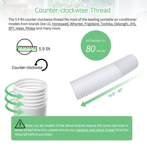 Flexible 5.9 Inch Diameter 80 Inch Length Universal Counter Clockwise AC Exhaust Vent Hose For Portable Units Compatible With Honeywell Whynter Frigidaire LG Delonghi Toshiba JHS Replacement Easy Fit For Strong Cooling, showing extendable design and dimensions.