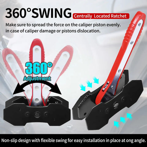 Heavy Duty Brake Caliper Piston Compressor Tool Kit With 2 Caliper Hooks, shown with red handle and 360° adjustment feature in use