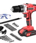 Cordless Drill Set with Battery and Charger, 21V Power Drill, 2-Speed Variable Torque, Three Eighths Inch Keyless Chuck, 30 Nm Torque, LED Work Light, Includes 24 Plus 1 Screwdriver Bits, Great for Home DIY Projects and Women Builders, shown with accessories and bits.
